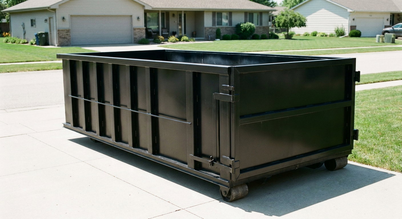 Matte-black 10-yard roll-off dumpster on a residential concrete driveway in Bethlehem, uniformly painted matte black across every panel and rail, ribbed steel sidewalls and rear swing door visible, mid-day daylight.
