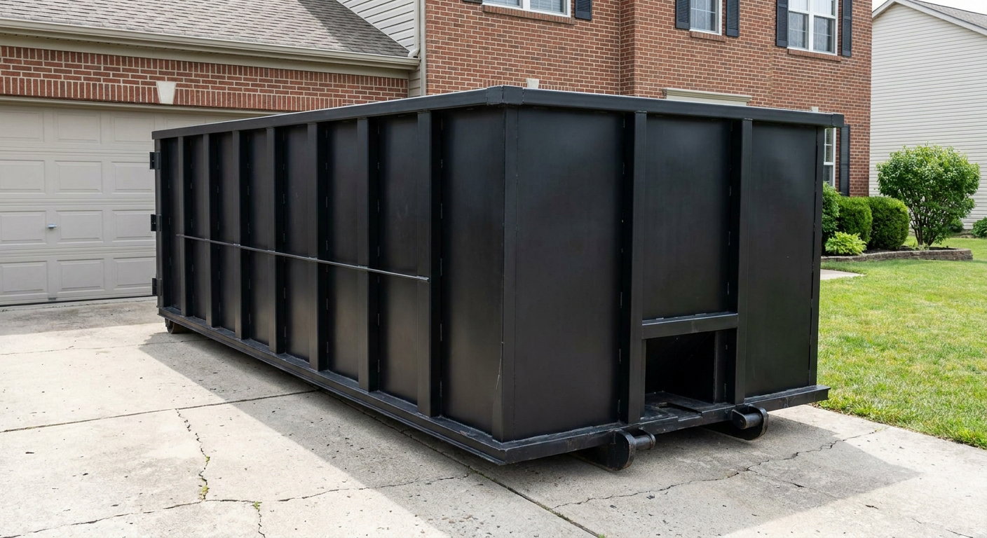 Matte-black 20-yard roll-off container on a Bethlehem residential concrete driveway with reinforced ribbed steel sidewalls and a hinged rear walk-in door, clean bright daylight.