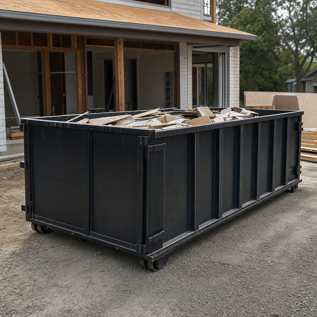 Large matte-black 30-yard construction roll-off dumpster at an active Bethlehem jobsite, steel-gray top rails and bottom rollers visible, loaded with construction debris.