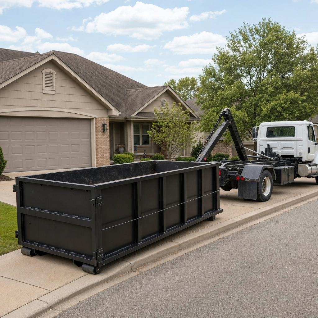 Wide documentary shot of a matte-black roll-off dumpster on a Bethlehem residential driveway in the foreground and a contractor jobsite container in the soft-focus background, bright daylight, calm and orderly composition.