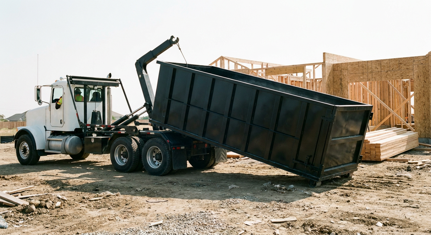 Matte-black roll-off dumpster being delivered onto a clean residential concrete driveway in Bethlehem by an unmarked white hooklift hauler truck, bright morning daylight, documentary 35mm perspective.